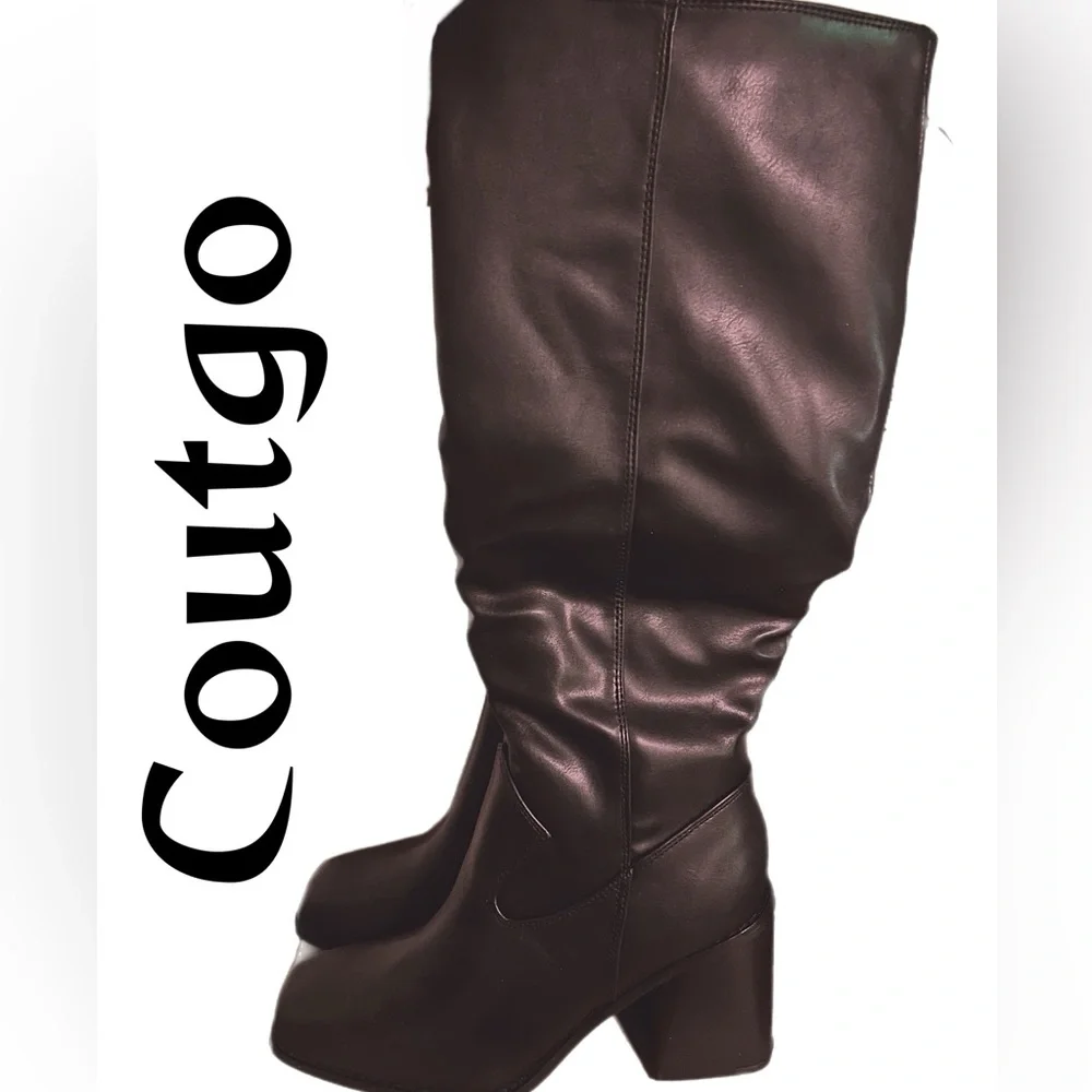 Coutgo New Black Women’s Knee-High Block Heel Square Toe Boots Size:7 - Picture 6 of 10